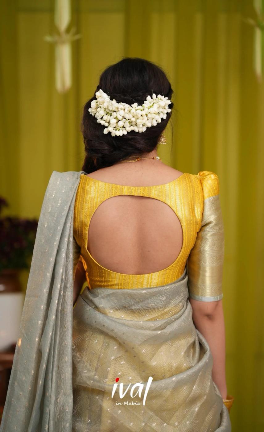 Izhaiyini Banarassi Tissue Halfsaree - Yellow and Light grey - product media