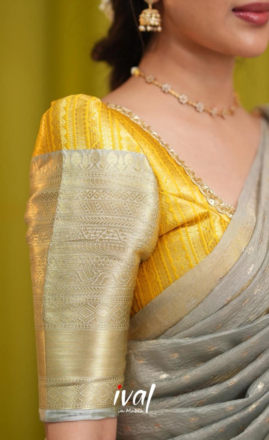 Izhaiyini Banarassi Tissue Halfsaree - Yellow and Light grey - product media