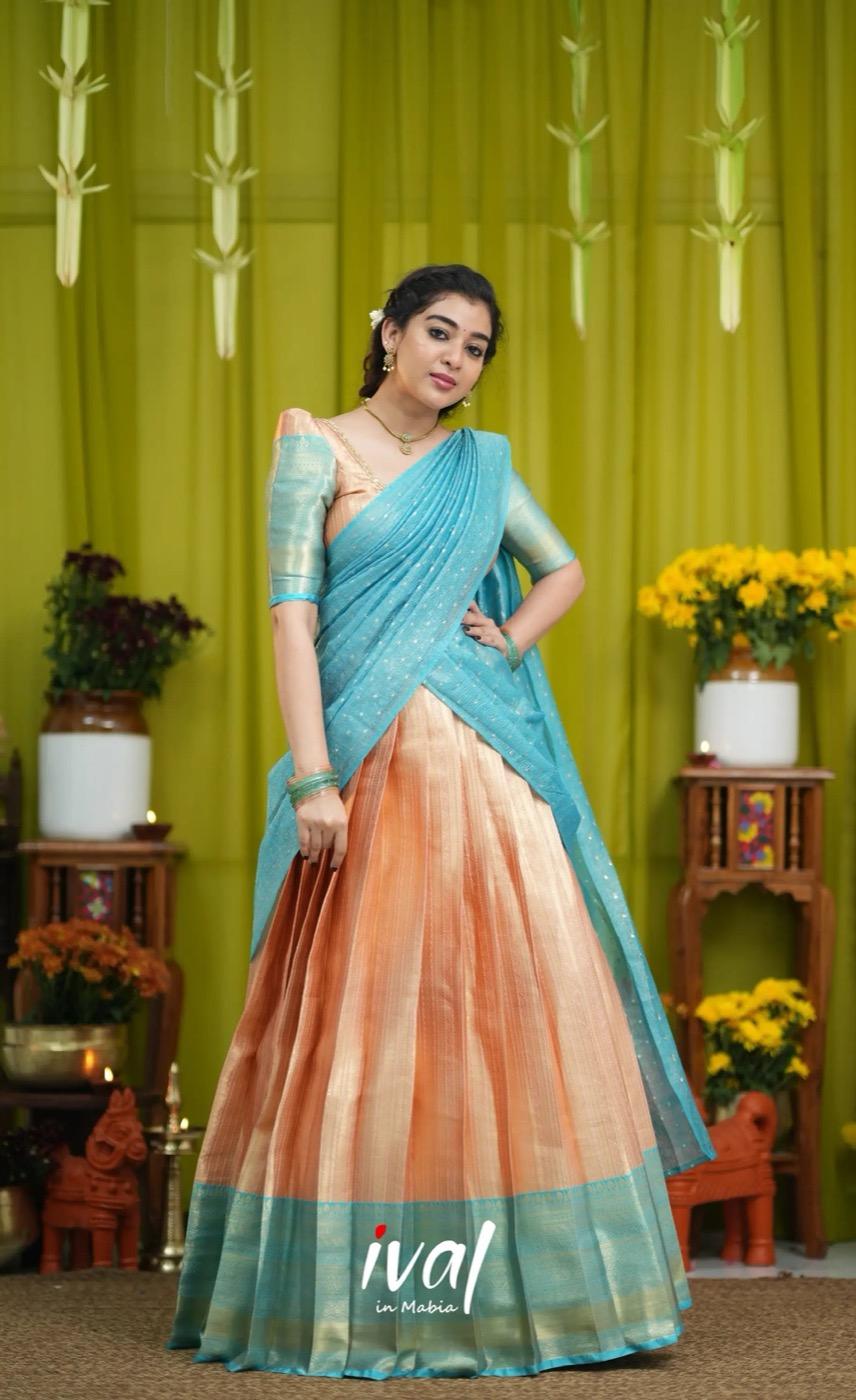 Izhaiyini Banarassi Tissue Halfsaree - Peach and Light blue