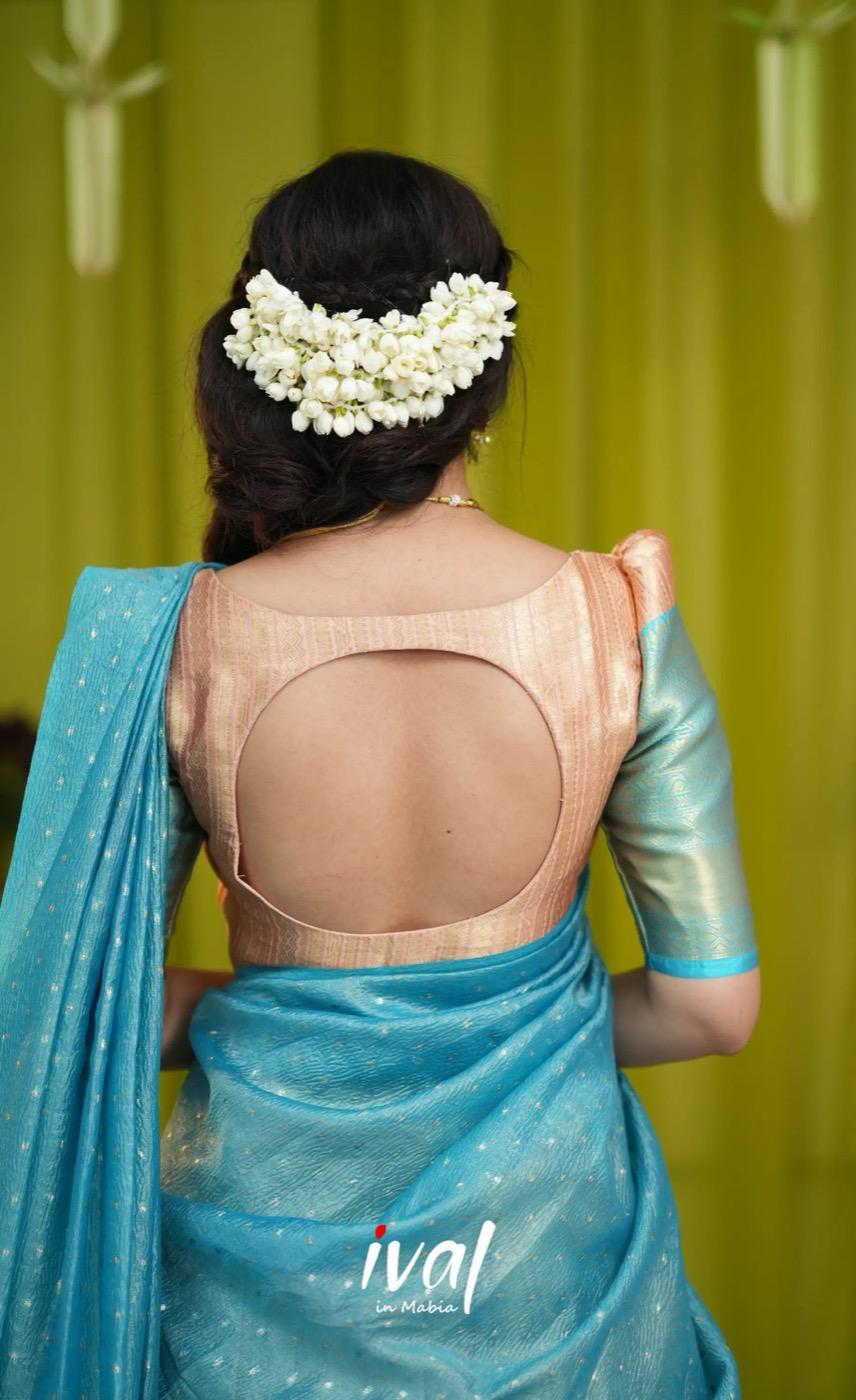 Izhaiyini Banarassi Tissue Halfsaree - Peach and Light blue - product media