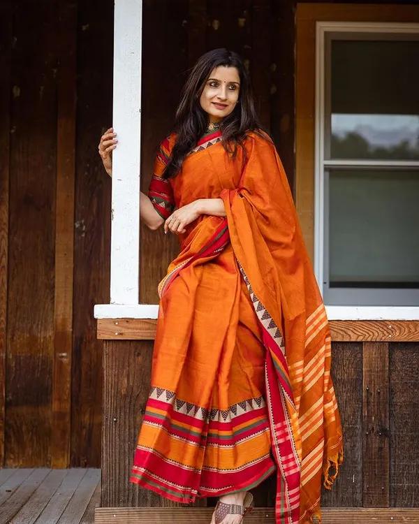 Orange Rangoli Border Narayanpet Pure Handloom Cotton Sarees with Running blouse piece - product media