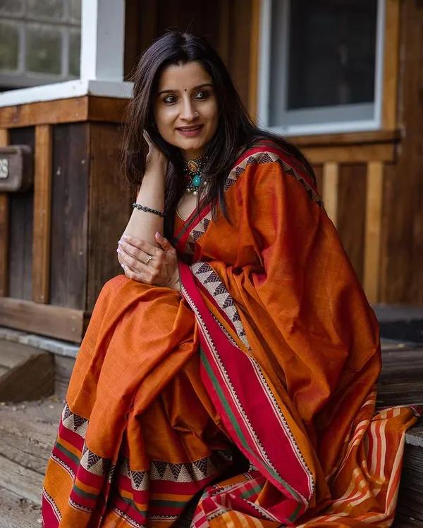 Orange Rangoli Border Narayanpet Pure Handloom Cotton Sarees with Running blouse piece - product media