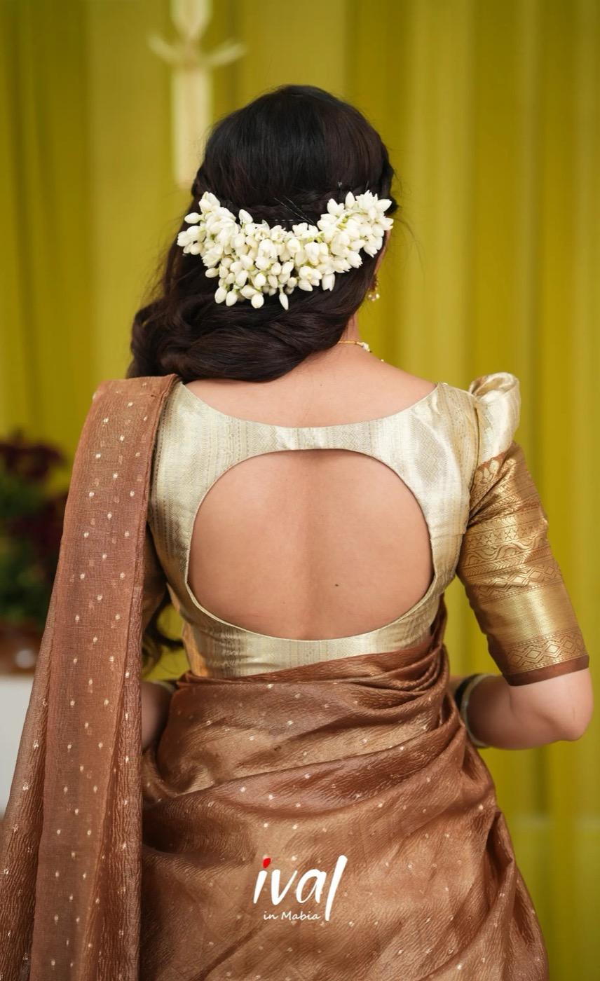 Izhaiyini Banarassi Tissue Halfsaree - Cream and Light brown - product media