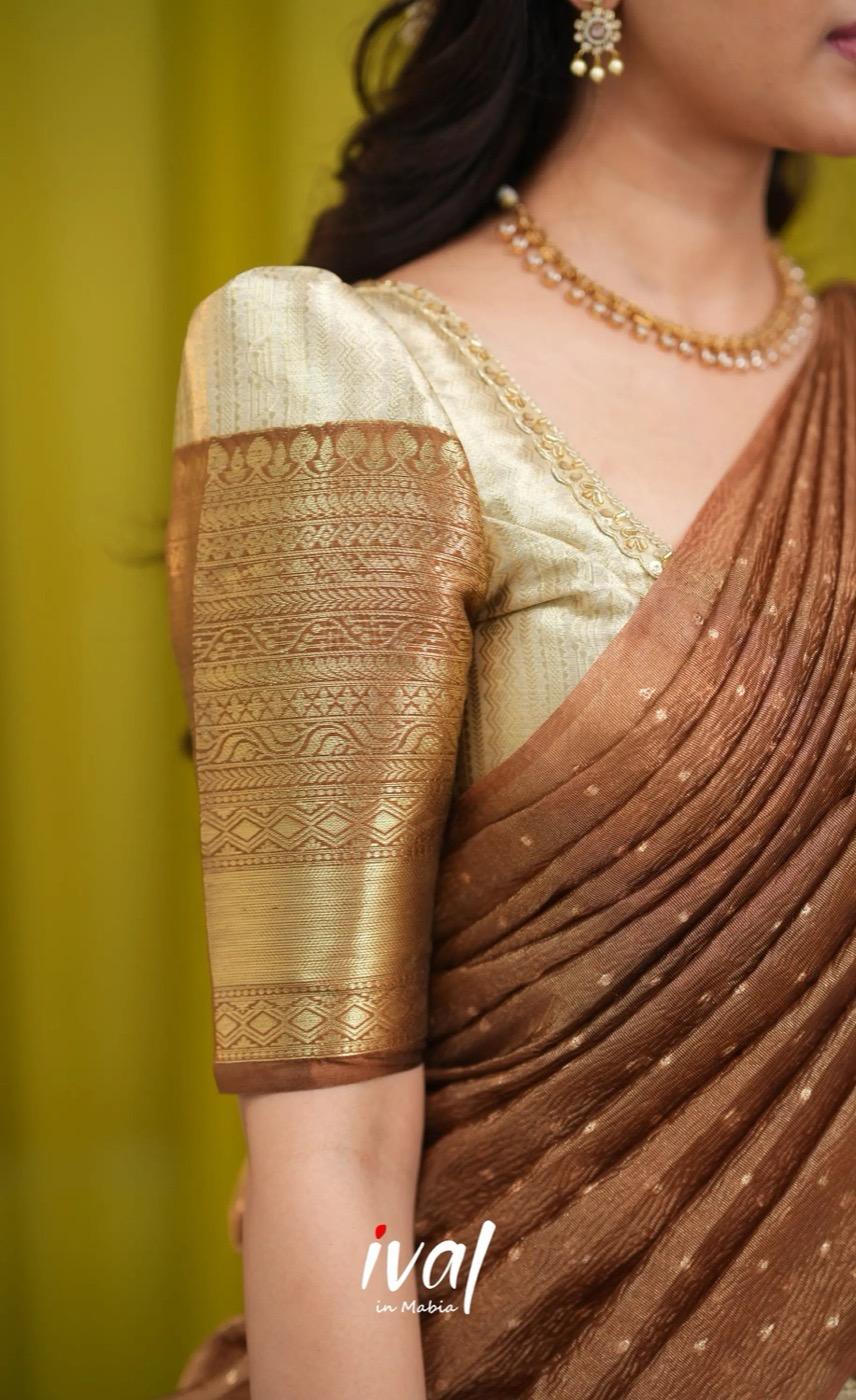 Izhaiyini Banarassi Tissue Halfsaree - Cream and Light brown - product media